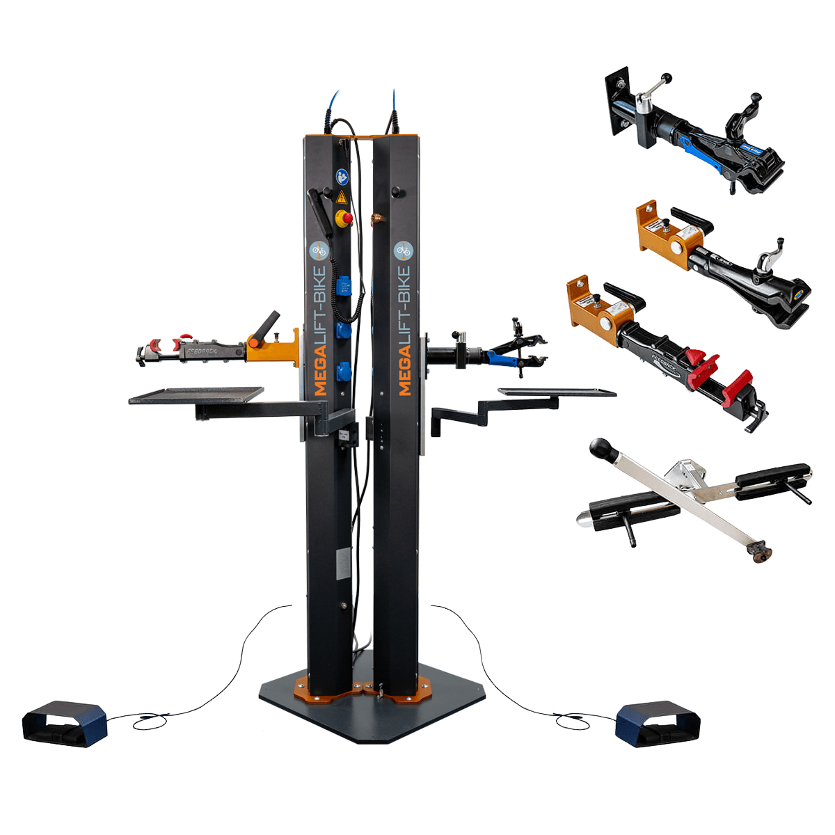 Electric bike repair stand with dual workstations Electric bike repair stand with dual columns, two workstations and modular accessories