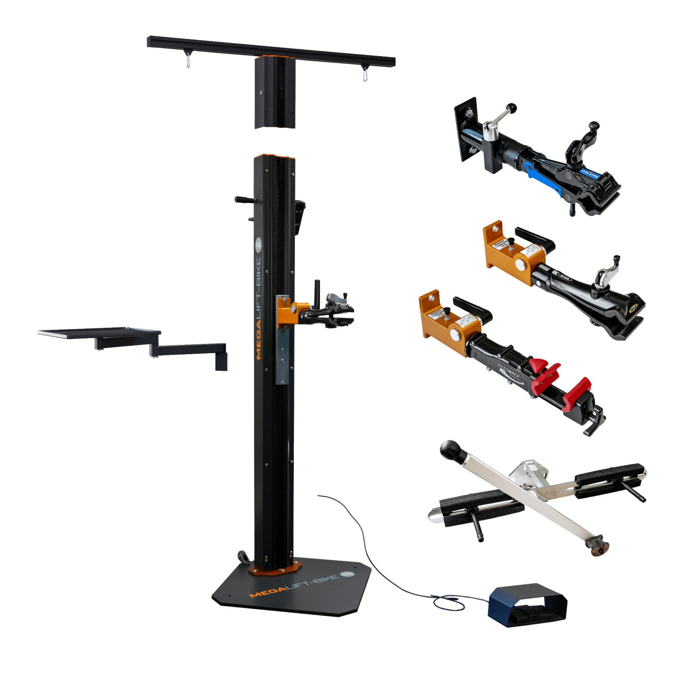 Electric bike repair stand with modular accessories Electric bike repair stand with modular components and accessories shown in exploded view